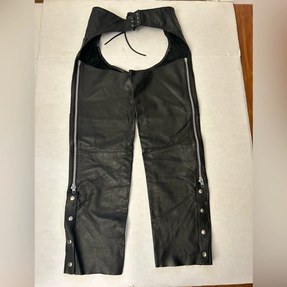 Motorcycle Mens Black Leather Chaps by Prutech Performance Sz-M. CC18